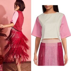 NWT Buru Short Sleeve Cropped Color Block Crew Neck Tee Pink & White Size M